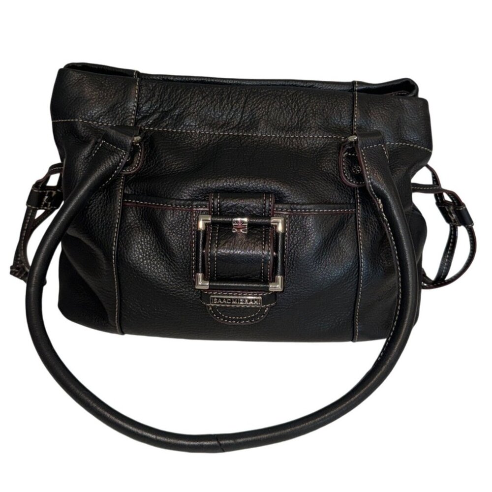 Isaac Mizrahi Purse Black Pebbled Leather Buckle Front Drawstring Shoulder Bag